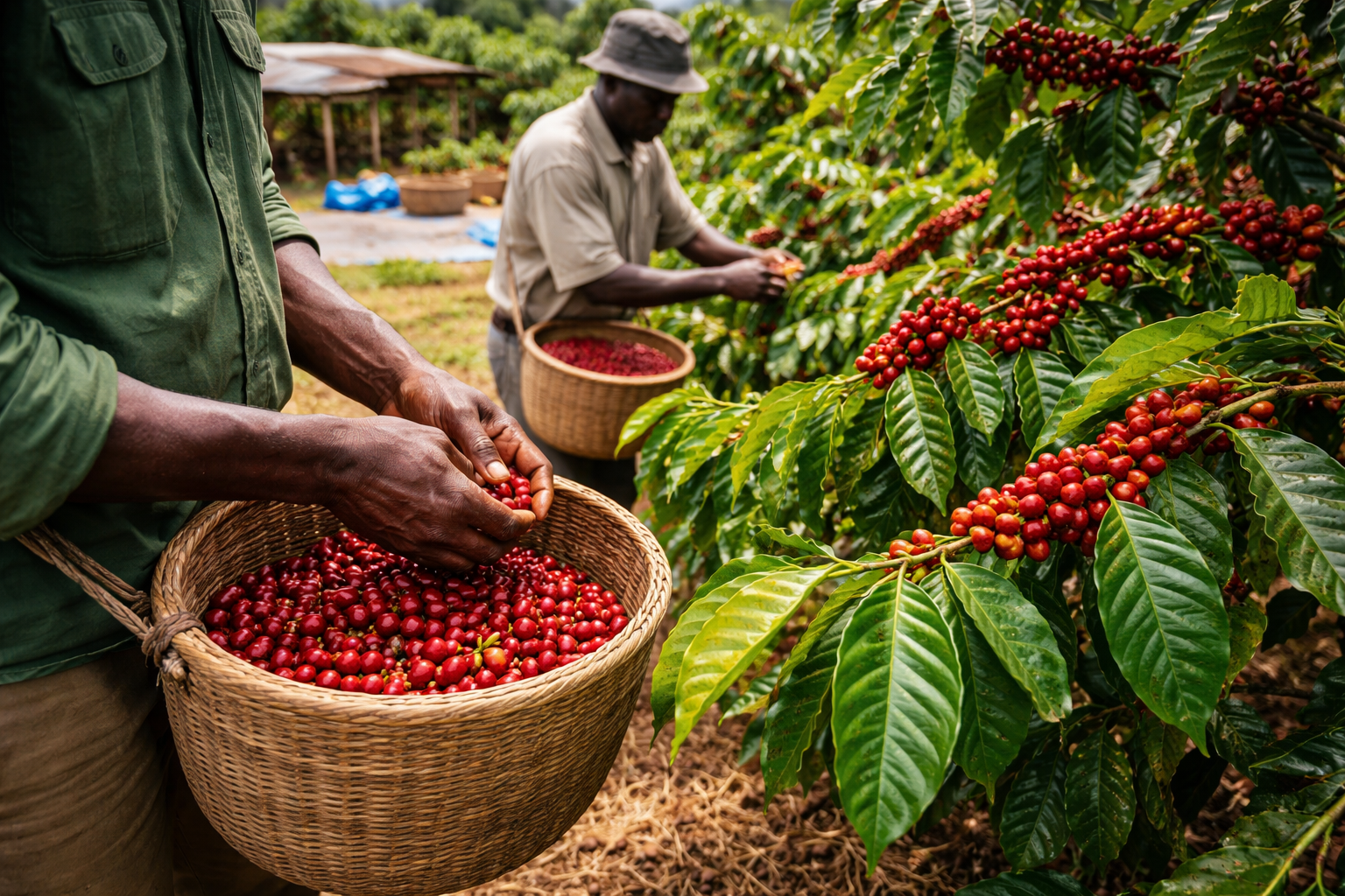 Harvesting ripe coffee cherries in Africa Harvesting ripe coffee cherries in Africa